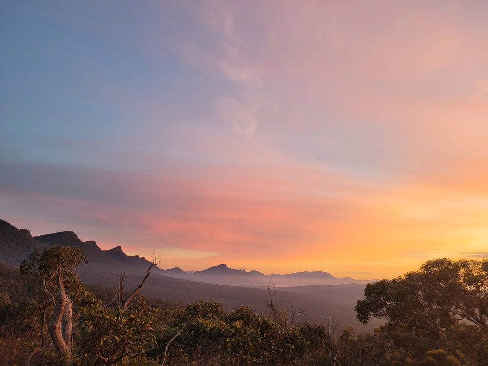 Sunset over a mountainous landscape with trees and a clear sky.
