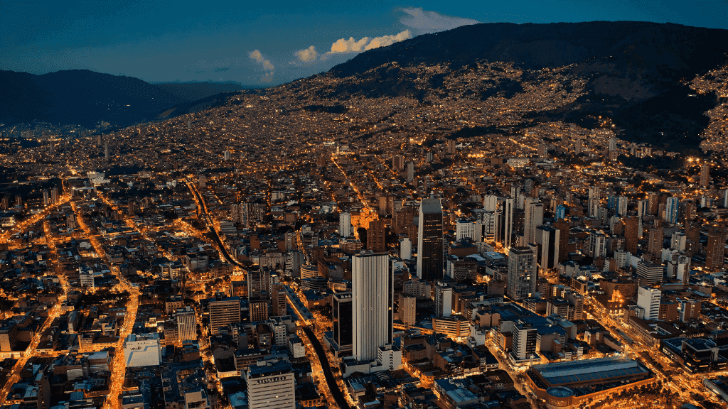Night view of Medellín city lights and skyline, featured in the Colombia 17-Day Adventure - Travel Guide | Highlights Tour.