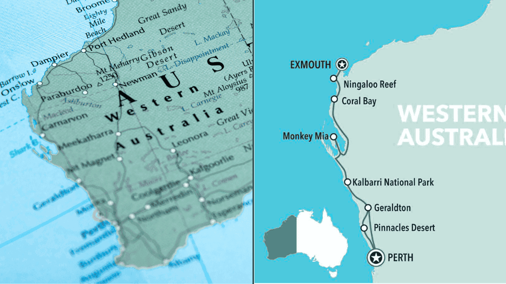 Map showing West Coast Road Trip route from Perth to Exmouth with stops at Pinnacles, Kalbarri, and Ningaloo Reef. Travel itinerary in Western Australia.