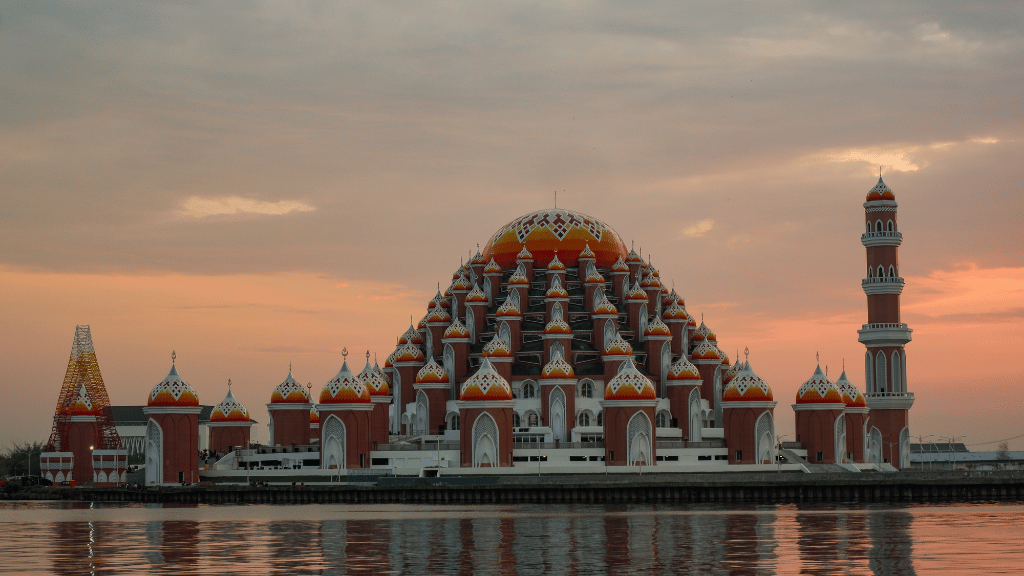 99 Domes Mosque at sunset in Makassar, a cultural landmark on the Soul of Sulawesi - Tana Toraja Culture Tour.