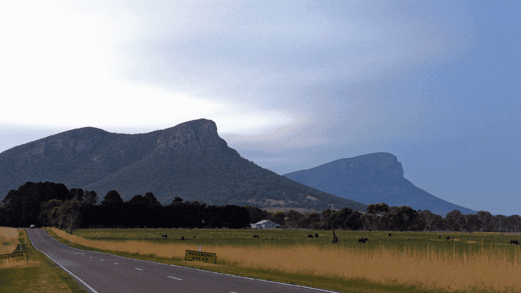 Roadside view of twin peaks in the Southern Grampians, marking the start of the 5-Day Grampians Expedition from Jimmy Creek.
