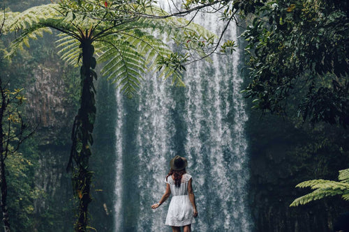 Woman explores lush rainforest waterfall on Whitsundays Reef Tour from Brisbane to Cairns. Scenic stop on small group adventure trip.