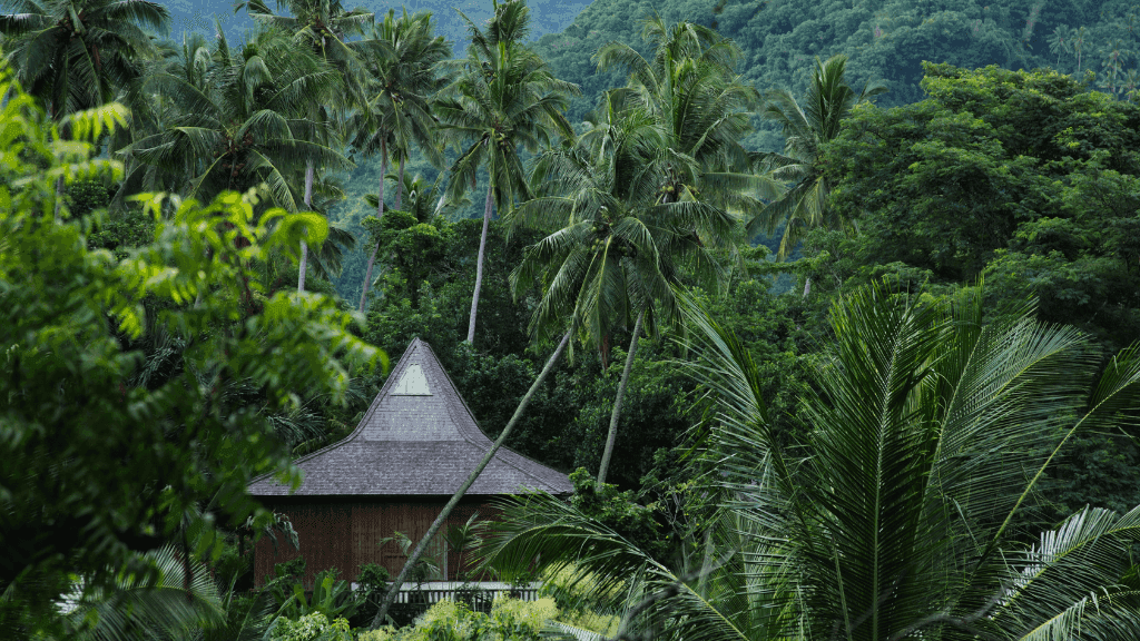 Traditional wooden villa surrounded by palm trees, offering eco-lodging in Bali Komodo Lombok Tours - Explore Culture & Nature.