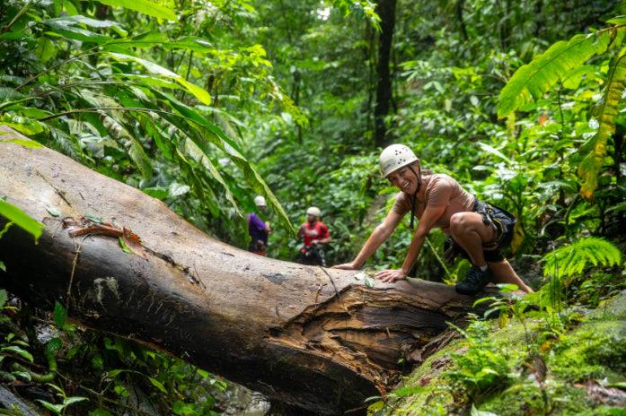 Adventurer climbing over a fallen tree in lush jungle terrain on the 32-Day Mexico to Costa Rica Adventure - Small Group Tour. A nature-filled trek experience.