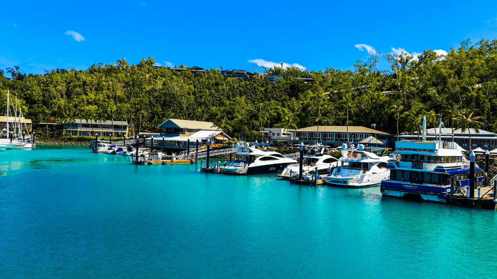 Luxury boats docked at Hamilton Island marina on East Coast Adventure 14/16-Day Small-Group Tour. Gateway to Whitsundays sailing.