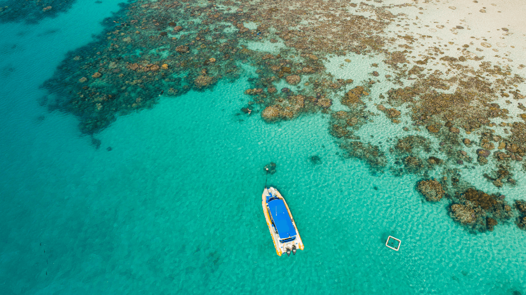 Snorkeling boat anchored over coral reef in Whitsundays on East Coast Adventure 14/16-Day Small-Group Tour. Perfect for ocean lovers and reef explorers.