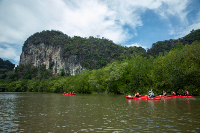 Travelers kayak through lush mangroves and limestone cliffs, an adventure on the Angkor to Islands 16-Day Tour - Khmer Culture to Thai Coasts.