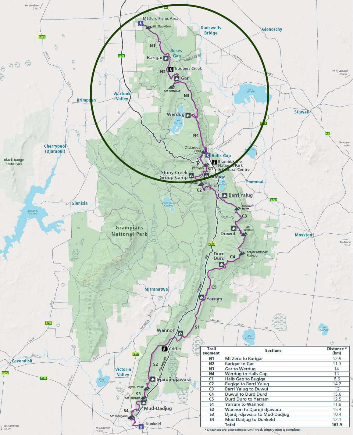 Map of the Grampians Peaks Trail, highlighting the route from Mount Zero to Halls Gap for a 4-day adventure.