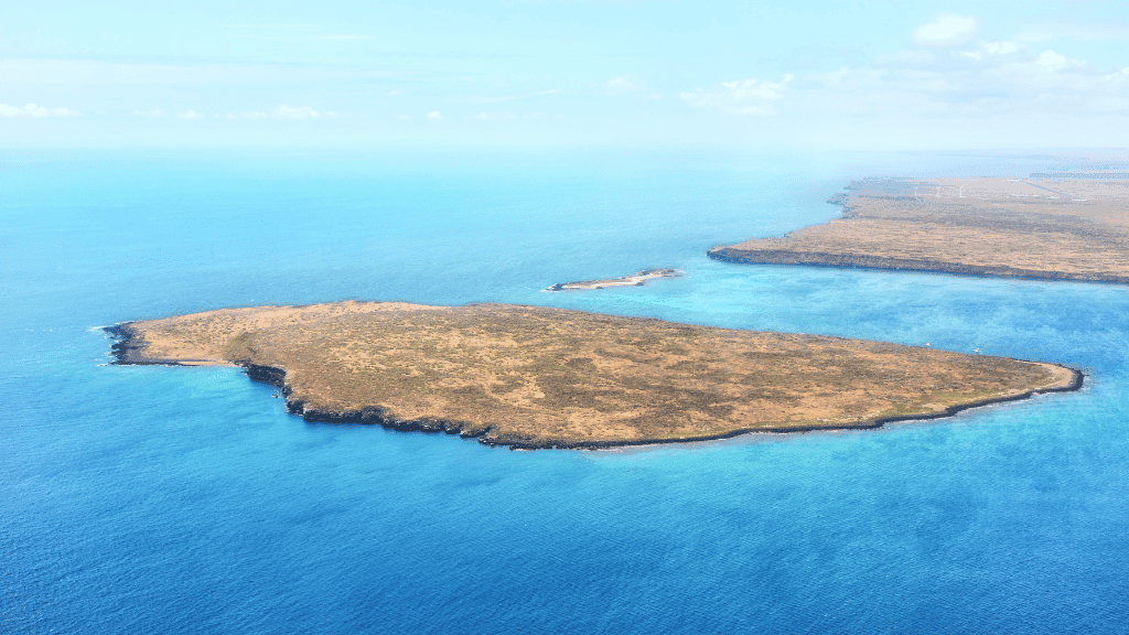 Aerial view of Galápagos island surrounded by turquoise waters, part of Santa Cruz, Floreana, Isabela 7–9 Day Tours