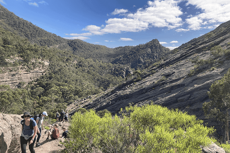 Trekking group climbs a steep trail flanked by rugged cliffs on the 5-Day Grampians Expedition in the Southern Peaks region.