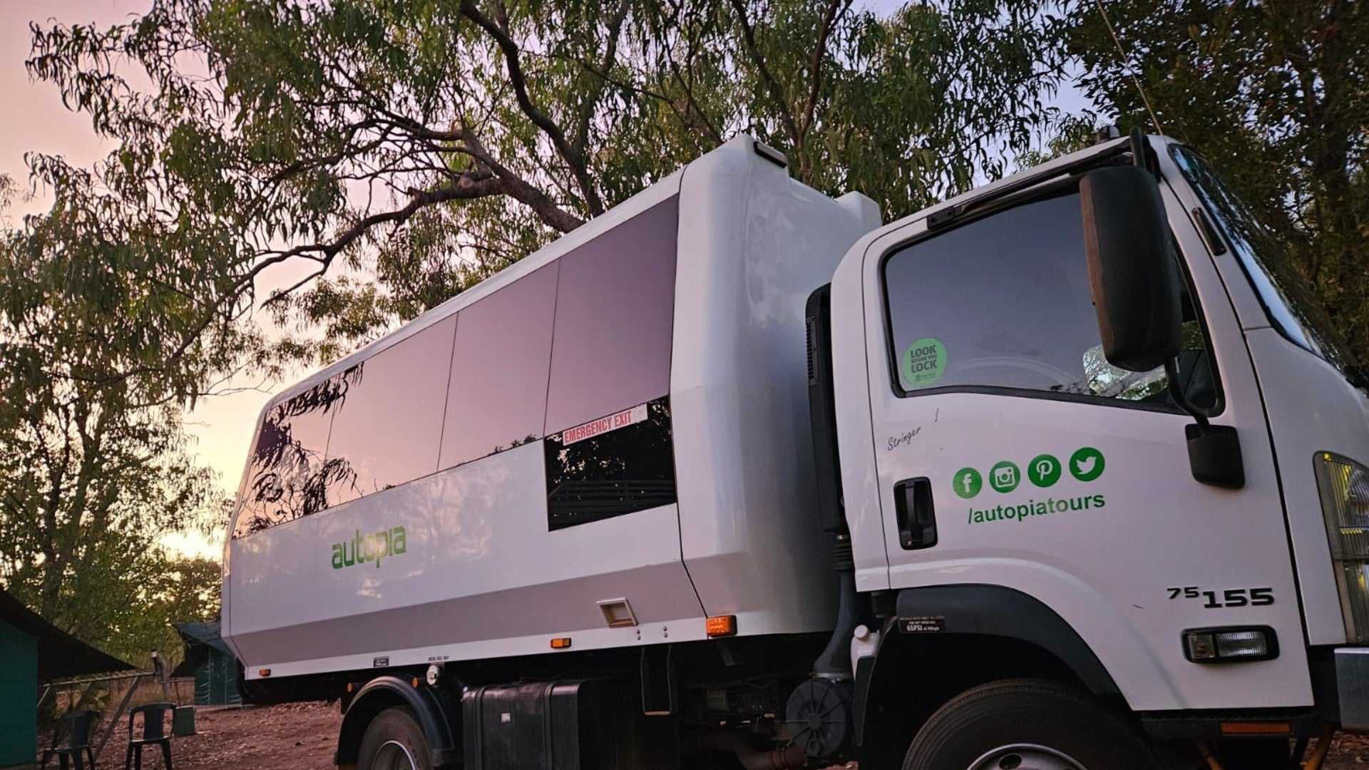 Autopia Tours vehicle parked at campsite for Kakadu Litchfield Camping Adventure - 3-Day Tour. Custom tour truck for rugged travel.