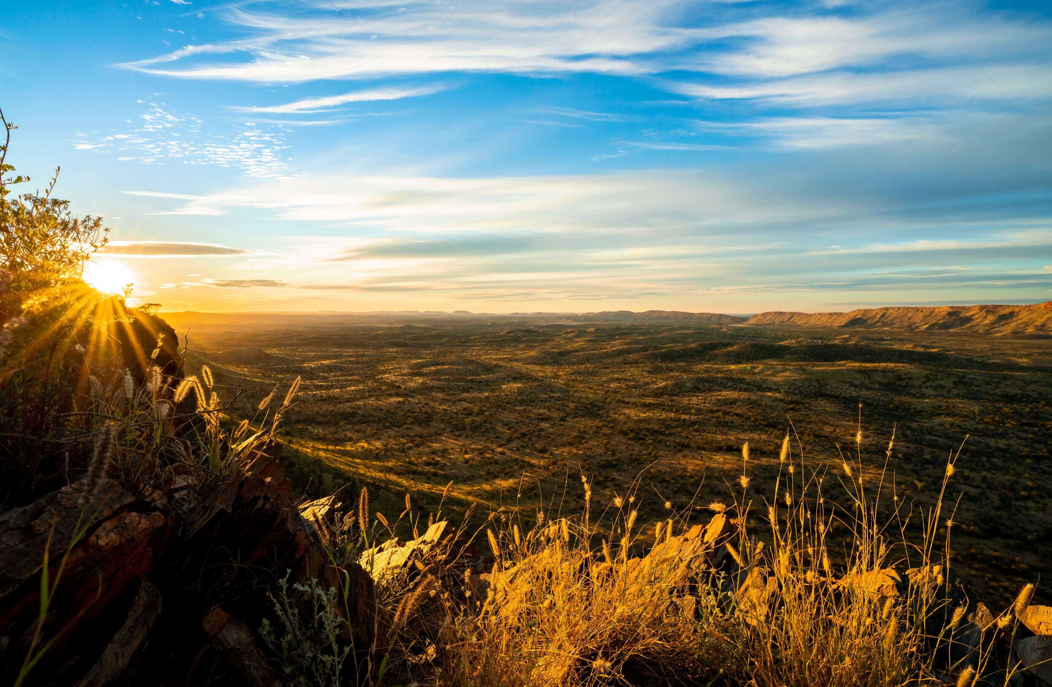 Golden sunrise over desert plains on Larapinta Trail 5-Day Expedition, capturing the beauty of West MacDonnell Ranges.