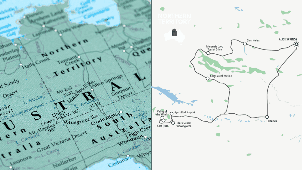 Map showing the route of the Uluru & Kings Canyon 4WD Safari from Alice Springs through key Red Centre landmarks.