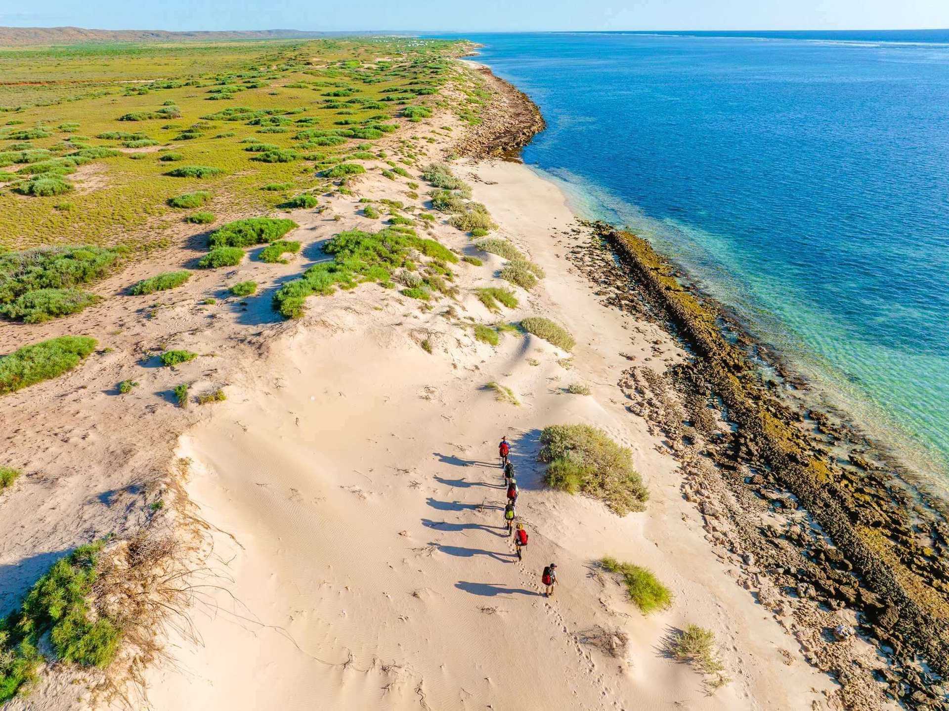 Group of hikers trekking along a sandy coastal trail in Cape Range National Park on the Ningaloo Kayak Expedition - 4-Day Trek & Camp Adventure.