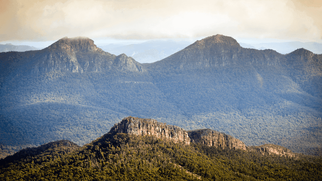 Stunning panoramic view of the rugged peaks in the Northern Grampians, perfect for outdoor adventure and guided tours.