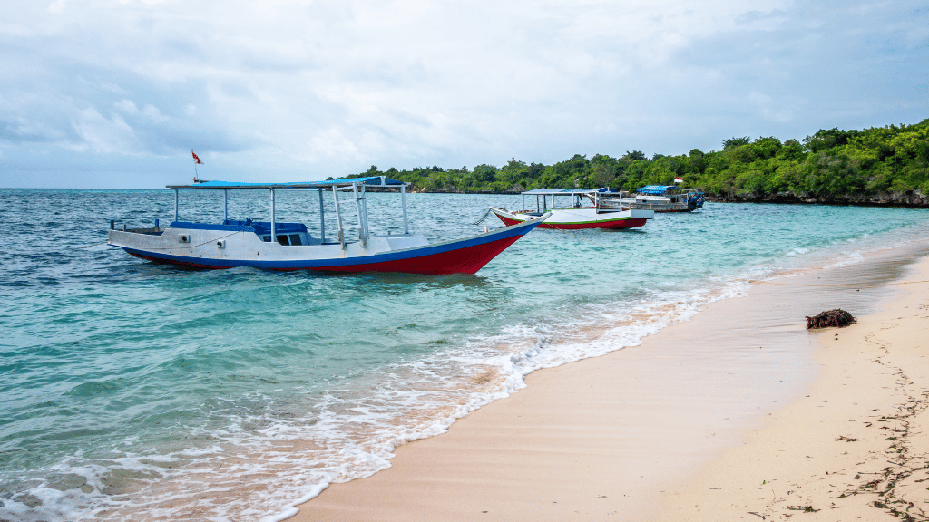 Colorful fishing boats on a tropical Sulawesi beach, showcasing coastal beauty on the Soul of Sulawesi - Tana Toraja Culture Tour.