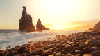 Rocky beach at sunset with sea stacks in Madeira, a serene moment during the 6-days hiking Madeira’s trails experience.