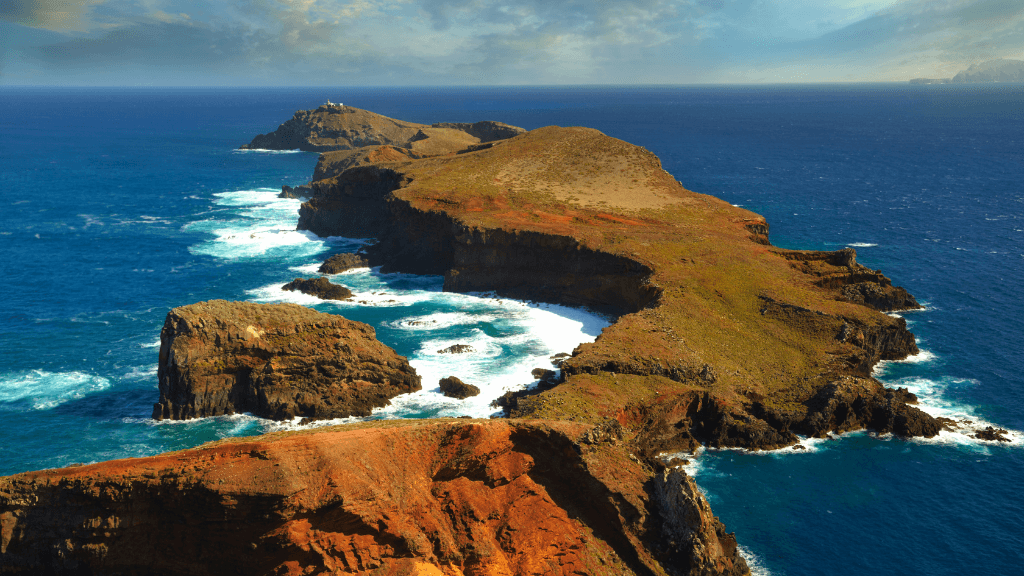Aerial view of Madeira’s rugged eastern peninsula, a dramatic landscape featured in the 6-days hiking Madeira’s trails.