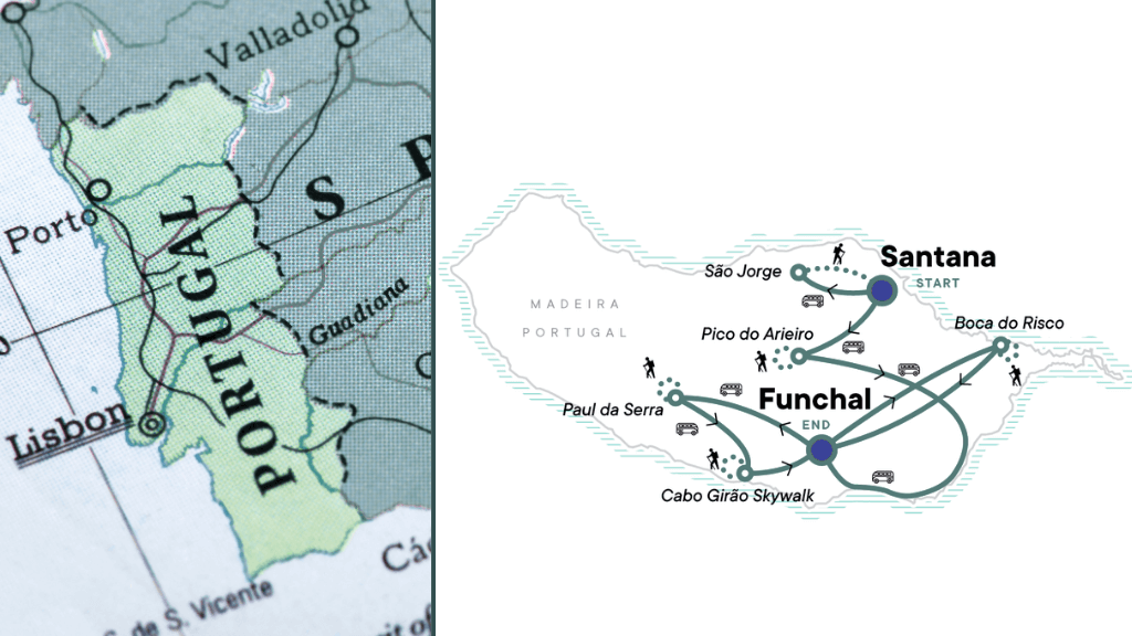 Map showing Madeira Island hiking route from Santana to Funchal, highlighting key volcanic trail points for 6-days hiking Madeira’s trails.