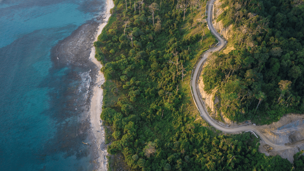 Aerial view of a winding road along Victoria's lush coastline near the Great Ocean Walk, showcasing adventure and nature.