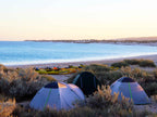 Beach campsite with tents and kayaks along the Ningaloo Coast during the 3-Day Kayak & Snorkel Safari. Perfect for outdoor camping experiences.