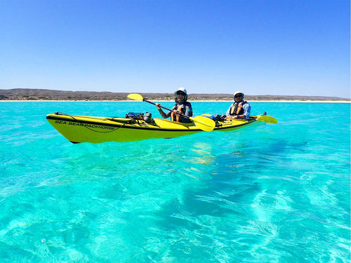Two kayakers paddling in clear turquoise waters on the Ningaloo Safari 3-Day Tour. Ideal for ocean kayaking adventures in Australia.