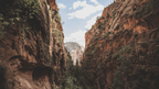 Majestic canyon view with towering rock walls and lush greenery in Zion National Park.