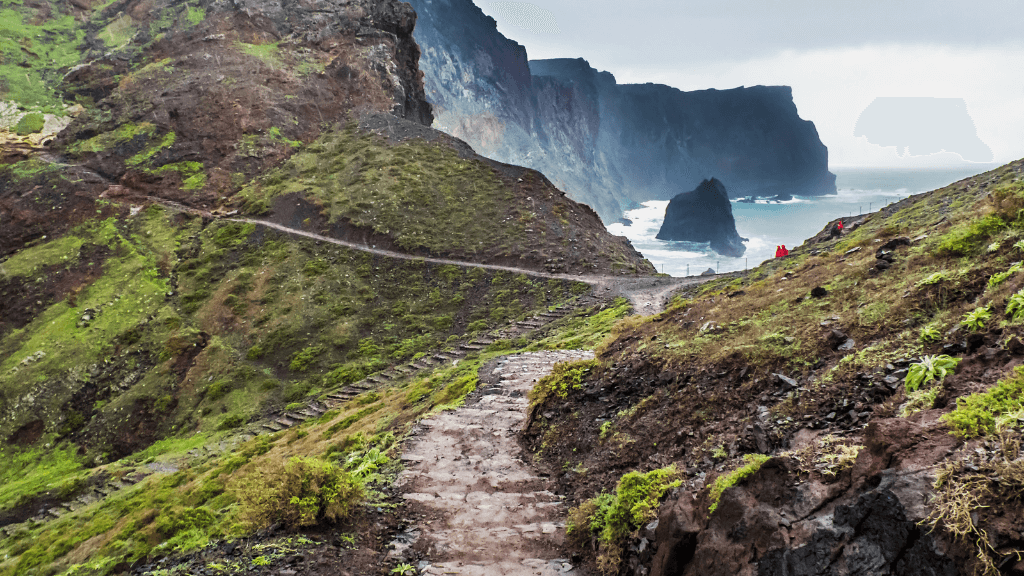 Volcanic hiking path along Madeira’s rugged coastline, perfect for 6-days hiking Madeira’s trails and exploring dramatic cliffs.