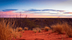 Breathtaking sunset over the Australian outback with grasses and red sands, perfect for adventure seekers.