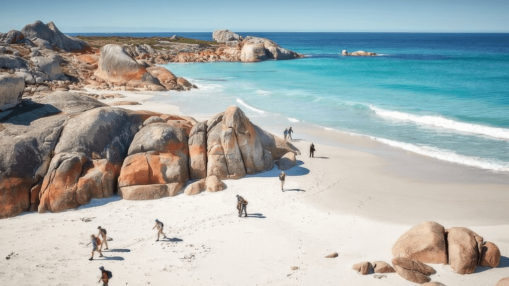 Beach scene with people, large rocks, and turquoise water.