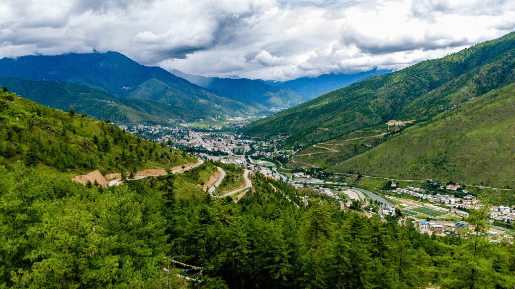 Panoramic view of Thimphu valley, the starting point of the Trans Bhutan Trail journey with hotel or camping stays.