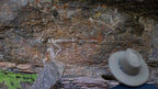 Tourist viewing Aboriginal rock art at Kakadu Litchfield Camping Adventure - 3-Day Tour. Ancient cultural site with ochre drawings on cliff wall.