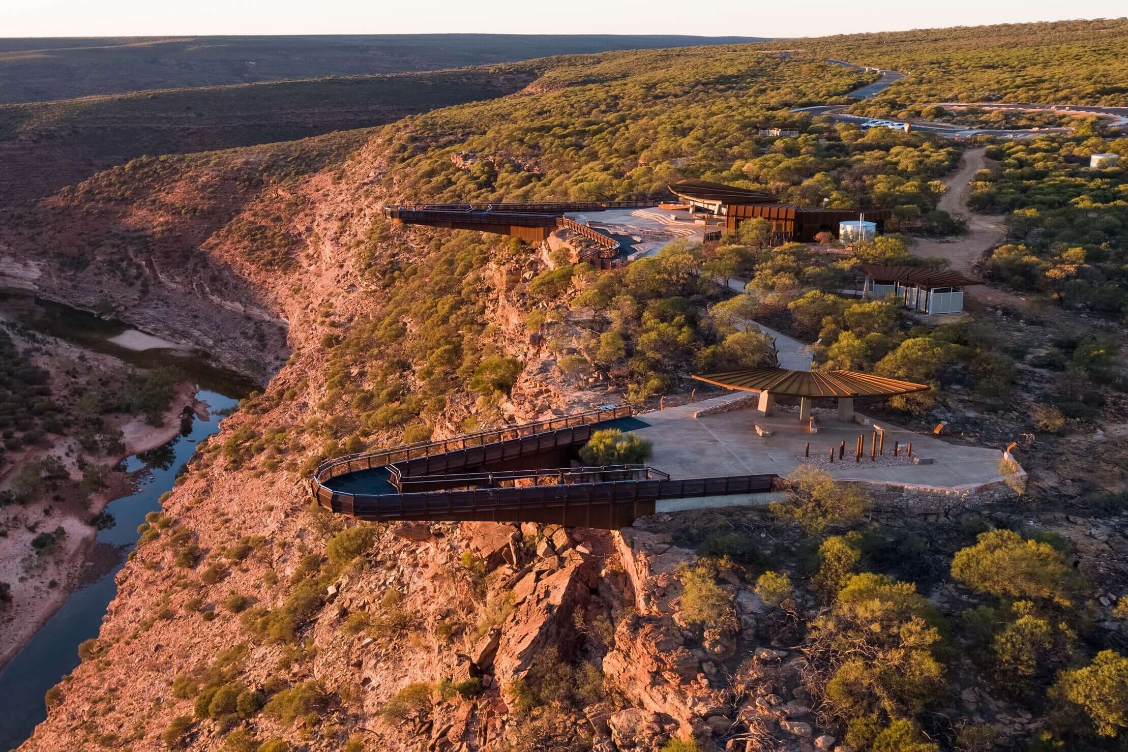 Kalbarri Skywalk platforms overlooking Murchison Gorge on West Coast Road Trip. Elevated viewpoint in Western Australia.