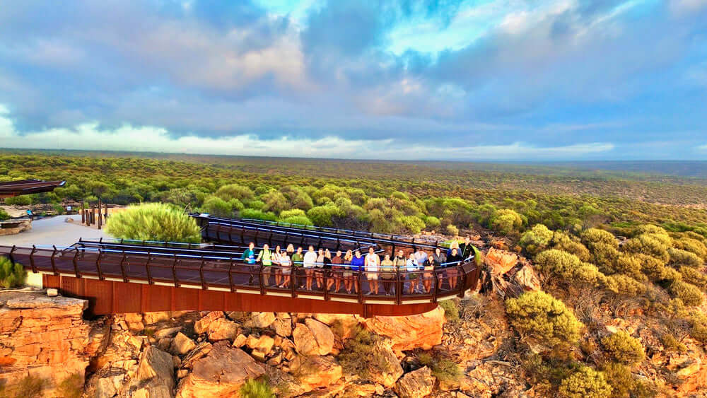Tour group on Kalbarri Skywalk overlooking Murchison River Gorge during West Coast Road Trip. Scenic viewpoint in Western Australia.