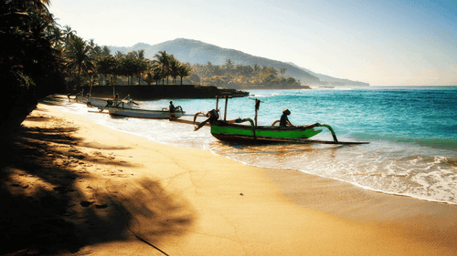 Traditional fishing boats on a tropical Bali beach with palm trees and turquoise waters, part of Bali Komodo Lombok Tours - Explore Culture & Nature.