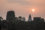 Sunrise over Angkor Wat with palm trees silhouetted, a must-see on the Angkor to Islands 16-Day Tour - Khmer Culture to Thai Coasts.