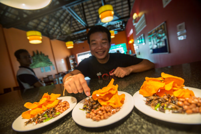 Local guide serves insects and snacks, showcasing adventurous cuisine on the Angkor to Islands 16-Day Tour - Khmer Culture to Thai Coasts.