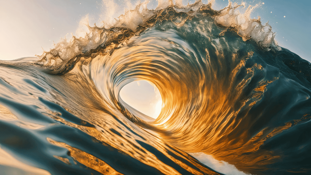 Golden wave curling beautifully in the ocean, capturing the essence of adventure and the great outdoors.