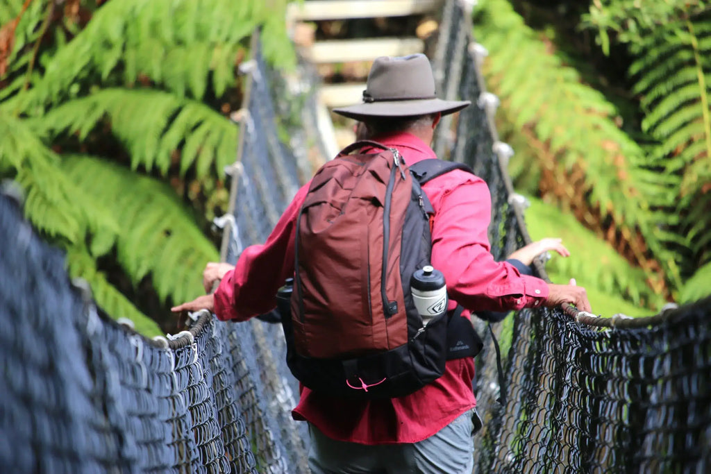 Person with a red jacket and backpack crossing a suspension bridge in a forest