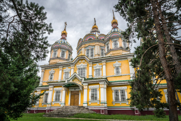 Colorful Zenkov Cathedral in Almaty, Kazakhstan, a cultural landmark on the 14-23 Day Central Asia Silk Road Tour.