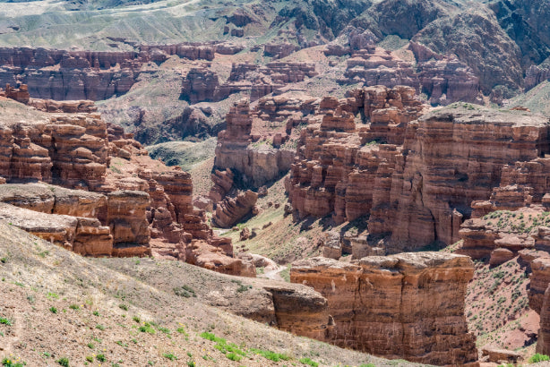 Aerial view of Charyn Canyon’s red rock formations in Kazakhstan, a natural wonder on the 14-23 Day Central Asia Silk Road Tour.