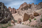 Solo hiker walking through Charyn Canyon’s dramatic rock formations in Kazakhstan, a highlight of the 14-23 Day Central Asia Silk Road Tour.