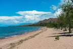 Sandy beach along Issyk-Kul Lake in Kyrgyzstan, a serene natural stop on the 14-23 Day Central Asia Silk Road Tour.