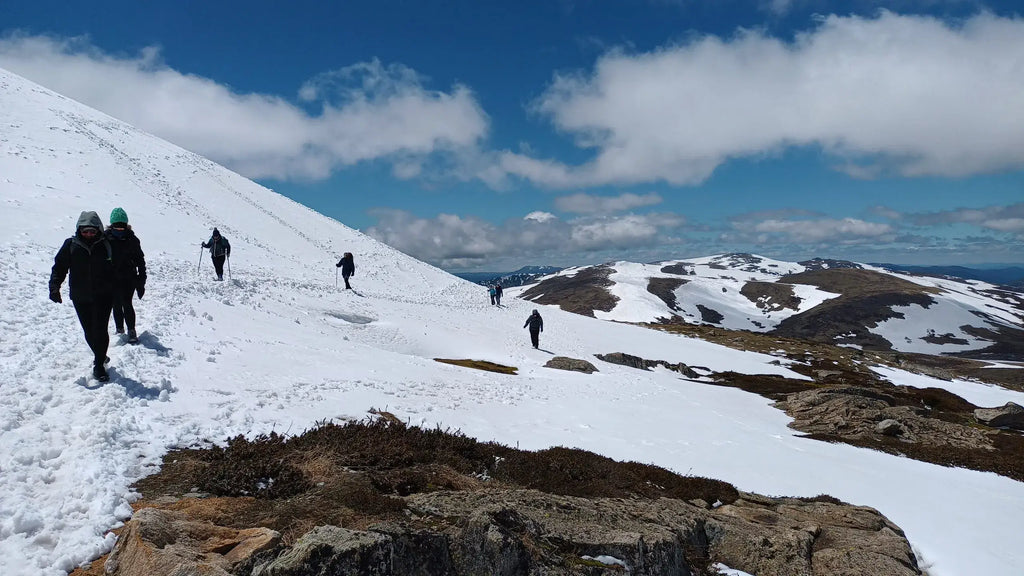 Hikers on a snowy mountain trail with a clear blue sky