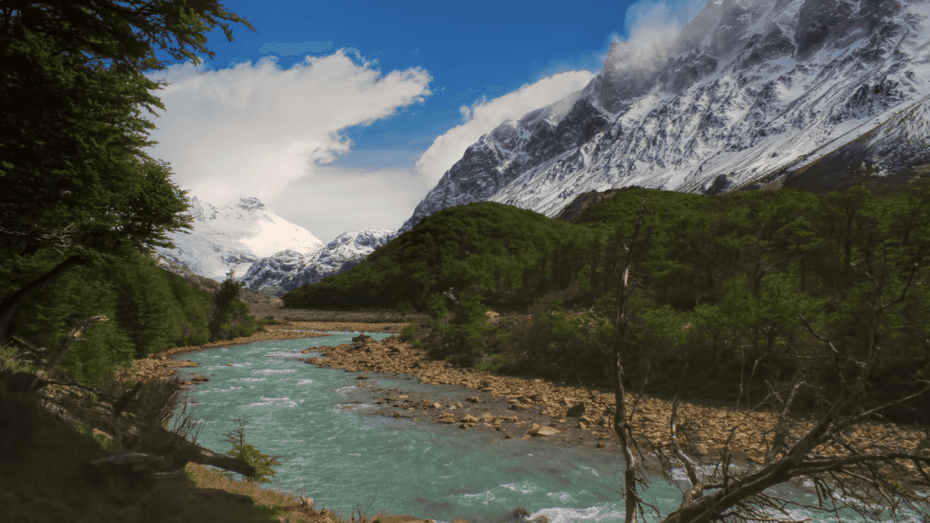 River flowing through forested valley with snow-capped peaks in Patagonia on the Blue Heart Adventure | 9 Days. Scenic hiking and camping route.