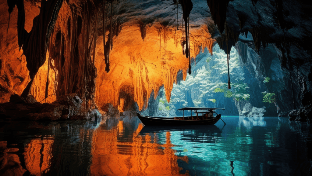 Colorful cave with boat on reflective water, mystical stop in Philippines Travel Tours - Icons of the Philippines | 10/14/23 Days.