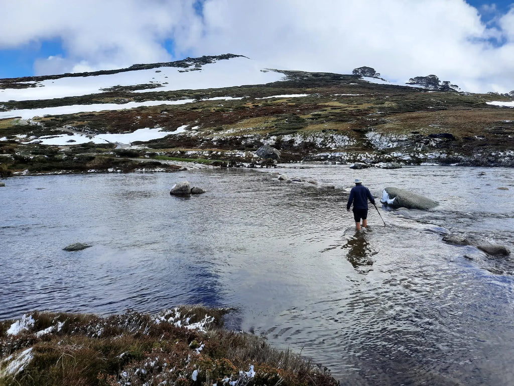 Person walking through a lake with snow-capped mountains in the background