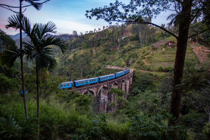 Blue train crossing Nine Arches Bridge in Ella, Sri Lanka. Explore Sri Lanka - Land & Sea Tour Options features iconic train journeys.