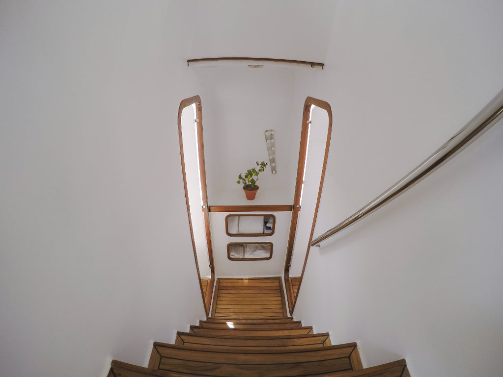 Wooden staircase inside catamaran with potted plant. Explore Sri Lanka - Land & Sea Tour Options includes stylish and comfortable interiors.