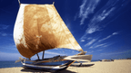 Traditional Sri Lankan sailboat on sandy beach under blue sky, part of the 12-day tour of spice gardens and tropical coasts.